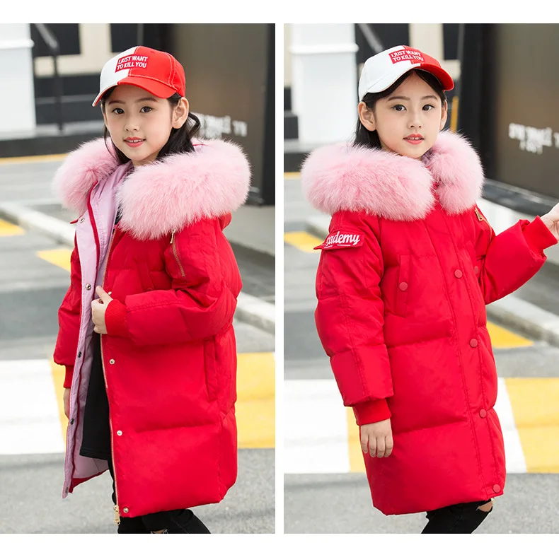Зимние теплые куртки-пуховики для девочек детские ветрозащитные пальто с капюшоном Детская длинная Повседневная куртка с карманами-30