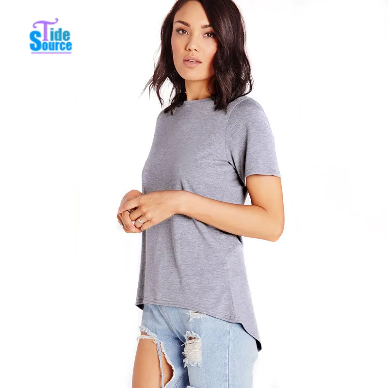 TideSource 2017 Brief Grey Crew Neck Curve Drop Hem Basic TShirt Women