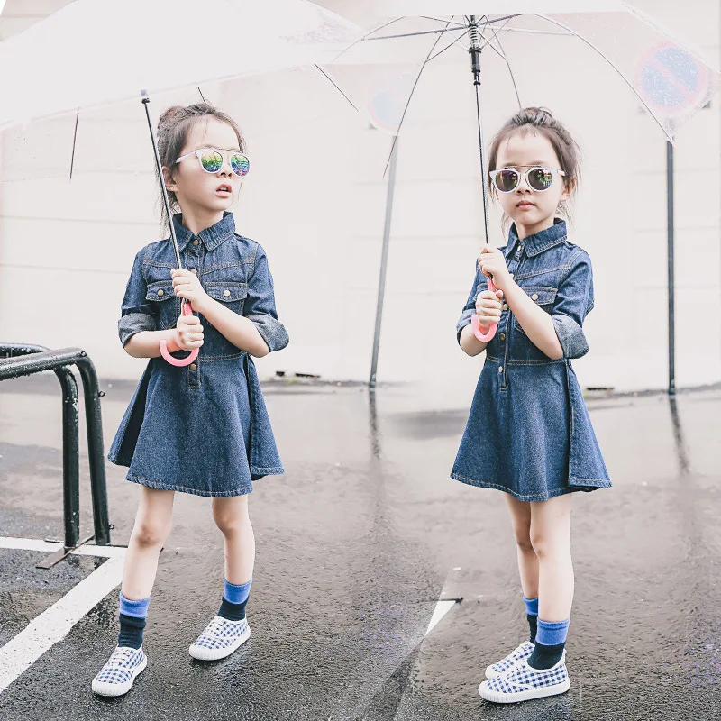Autumn Girls Dress Fashion Long Sleeve Solid Children Denim Dress Outerwear 2017 New Baby Costume Kids
