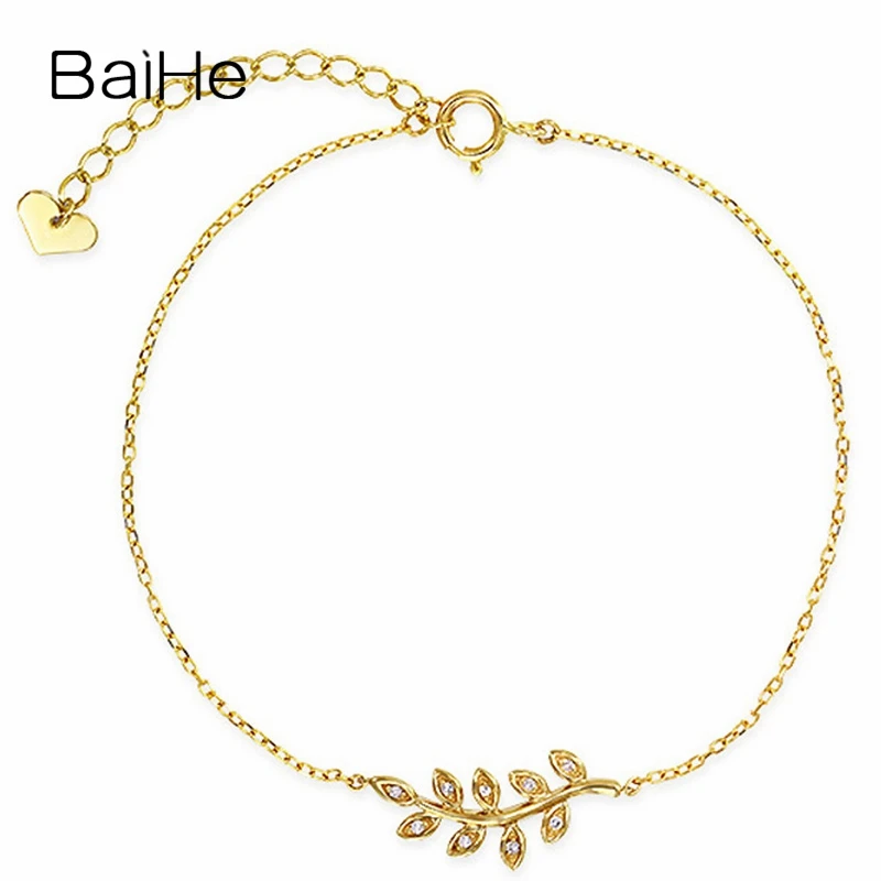 

BAIHE Solid 18K Yellow Gold 0.1ct H/SI Natural Diamond leisure leaf Bracelet Women Gift Trendy Engagement Fine Jewelry pulsera
