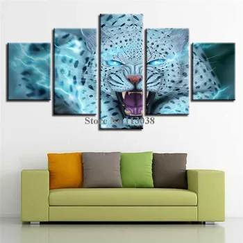 

5 Pieces Abstract Leopard Blue Eyes Printed Canvas Painting Living Room Wall Art Pictures Home Decoration