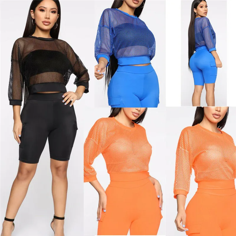 

Women Mesh Sheer See-through Long Sleeve Crop Tops Tee Fishnet T-shirts