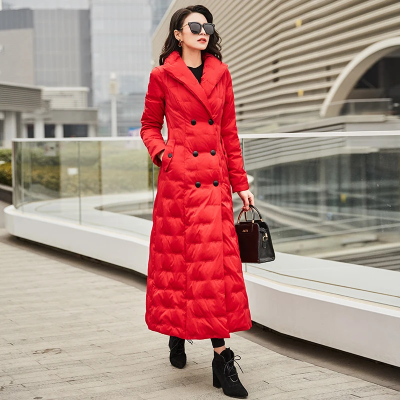 Новые модные зимние куртки-пуховики на белом утином пуху, женское однотонное двубортное длинное пальто с вышивкой и стоячим воротником, Женская пуховая куртка - Цвет: Red