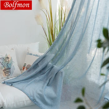 

3 Color Solid Blue Flax Yarn Linen Tulle Sheer Curtains Yarn Dyed Window Curtains for Living Room Bedroom Kitchen Door Drapes