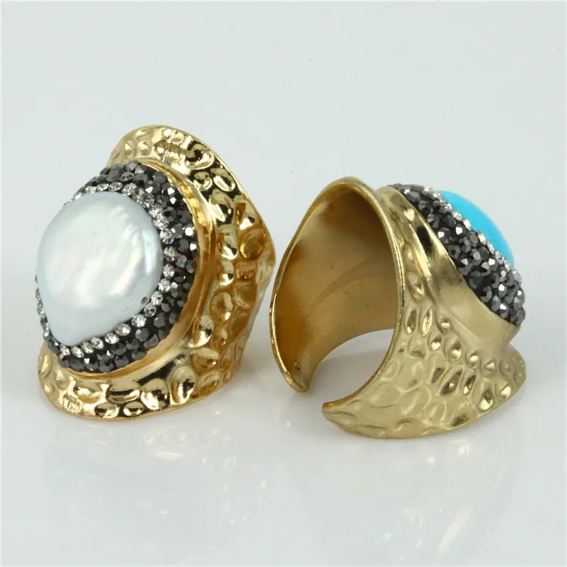 

Charm Pure Gold Color Natural Freshwater Pearl Blue Turquoises Bead Adjustable Hammered Cuff Ring for Women