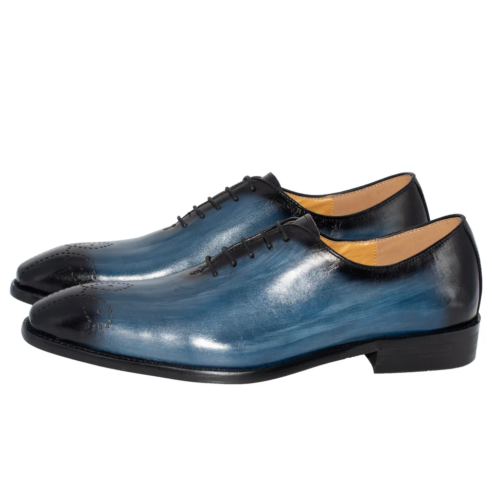 Мужские модельные туфли ручной работы из натуральной кожи; высокое качество; итальянский дизайн; цвет коричневый, синий; полированные вручную свадебные туфли с острым носком - Цвет: BLUE