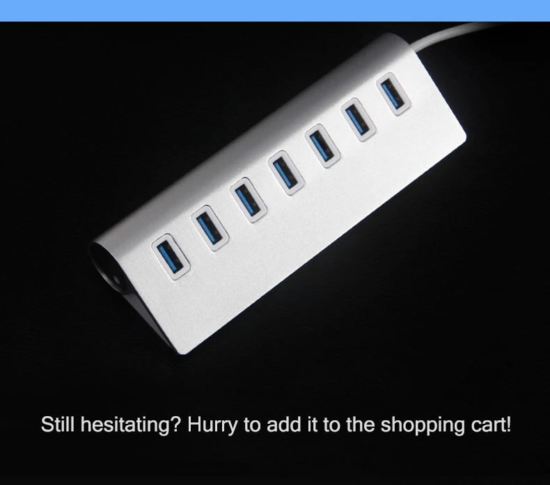 7-port USB 3.0 Hub 60cm Cable Portable Upto 5Gbps Super Speed Silver Anti-slip Chargeable Splitter For Multi USB Devices