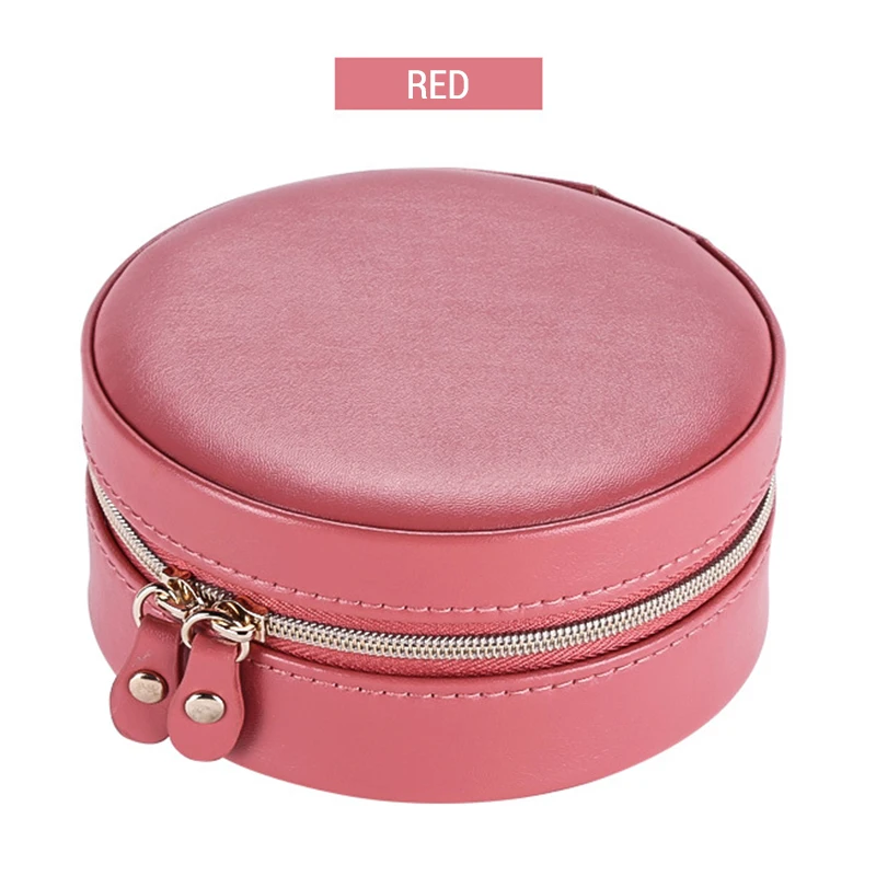 Portable Round Jewelry Box Travel Zipper PU Leather Jewellery Packaging Display Organizer Gift Box Earring Storage Carrying Case