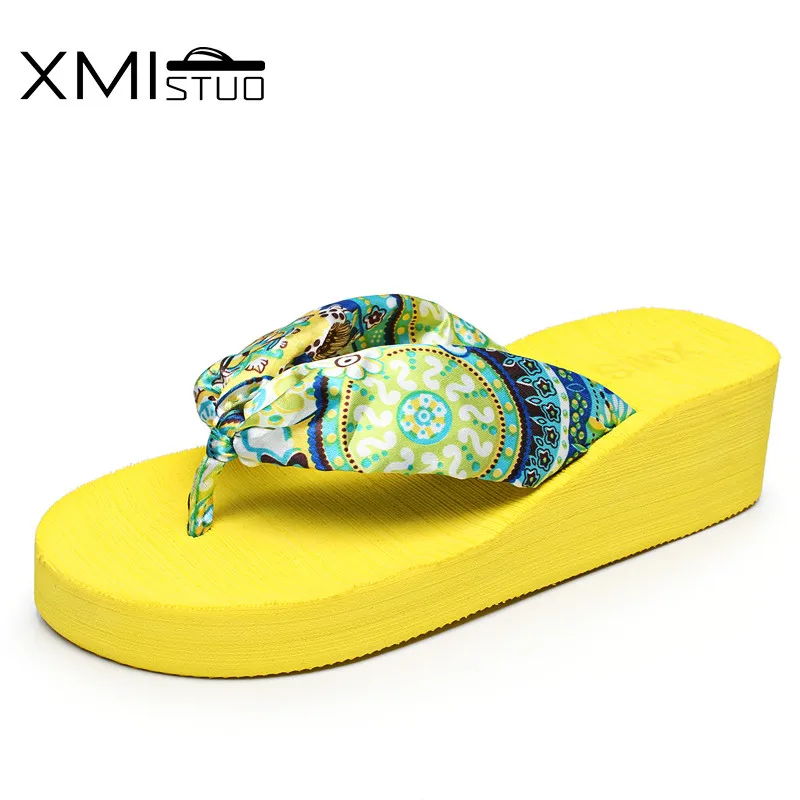 

XMISTUO Summer Women Bohemia Flip Flops Female Beach Silk Slippers 3.5CM Mid-heeled Slippers Slides 4 Color EVA Slippers XMB003