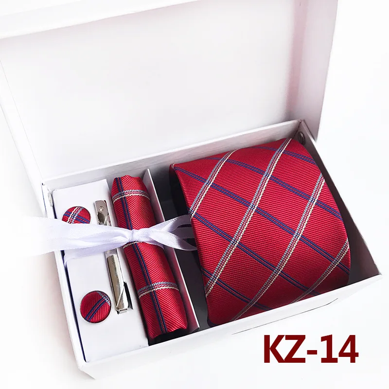 3,35 дюймов(8 см) широкие клетчатые классические мужские галстуки свадебные модные вечерние Мужской галстук, носовой платок, булавка и запонки, Подарочная коробка Упаковка - Цвет: KZ14