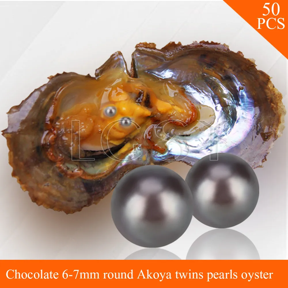 

LGSY Bead Chocolate 6-7mm round Akoya twin pearls in oysters with vacuum package for women jewelry making 50pcs