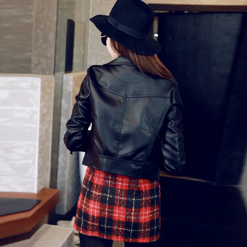Leather jacket female short spring autumn winter coat Plus thick velvet Korean slim Bomber jacket woman manteau femme plus size 