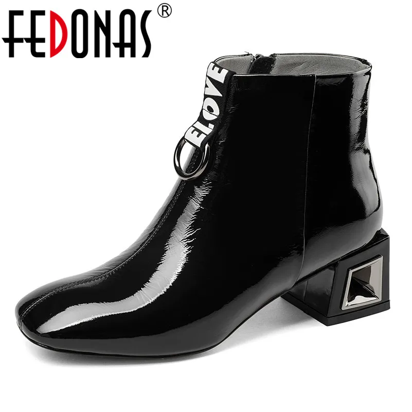 FEDONAS Brand Patent Leather Women Ankle Boots High Heels Metal Decoration Party Wedding Shoes Woman Square Toe Office Pumps FEDONAS Brand Patent Leather Women Ankle Boots High Heels Metal Decoration Party Wedding Shoes Woman Square Toe Office Pumps