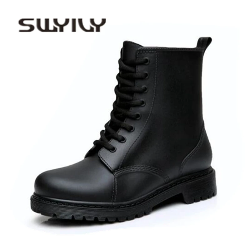 preço Rainboots Mulher SWYIVY 36 44 Plus Size 2018 Outono Inverno ankle boots Martin Botas De PVC À Prova D Água Sapatos Botas de Chuva Antiderrapante Rainboots
