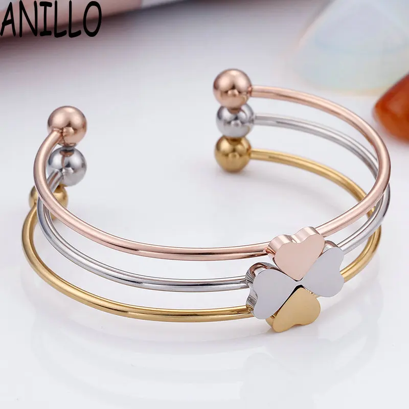 

ANILLO 3 PCS/Set Women Love Heart Bracelet & Bangle Eternal Love Four Leaf Clover Fashion Stainless Steel Mix Jewelry