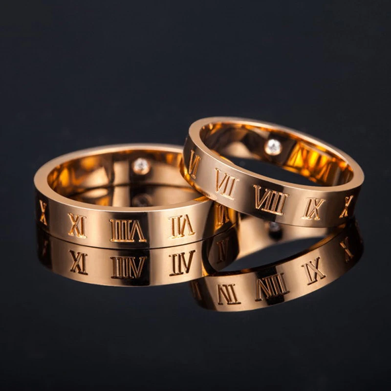 YINHED Rose Gold Rings Set For Women and Men Wedding Engagement Jewelry Roman Numeral Couple Rings Anniversary Gift JZ023