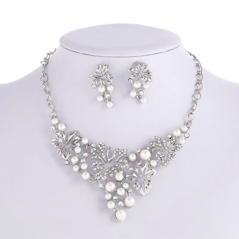 

Women Imitation Pearl Jewelry Sets Choker Necklace Statement Flower Charm Crystal Earring Wedding Party Jewelry sets