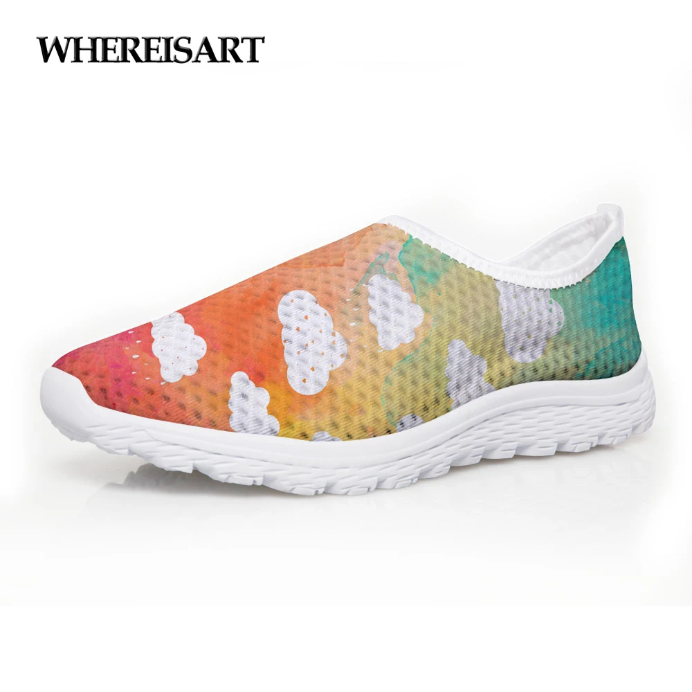 

WHEREISART Colorful Clouds Printed Female Flats Mesh Shoes Beach Women's Loafers Shoes Slip-on Women Casual Summer Shoes Girls