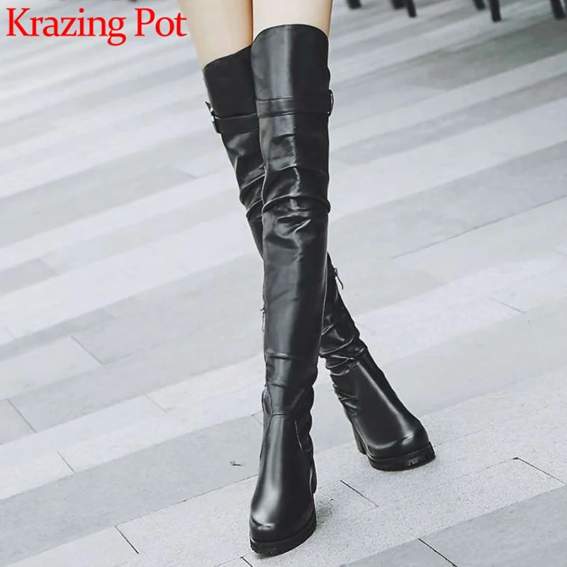 

2018 superstars round toe med heels natural leather thigh high boots zip streetwear high fashion winter over-the-knee boots L04