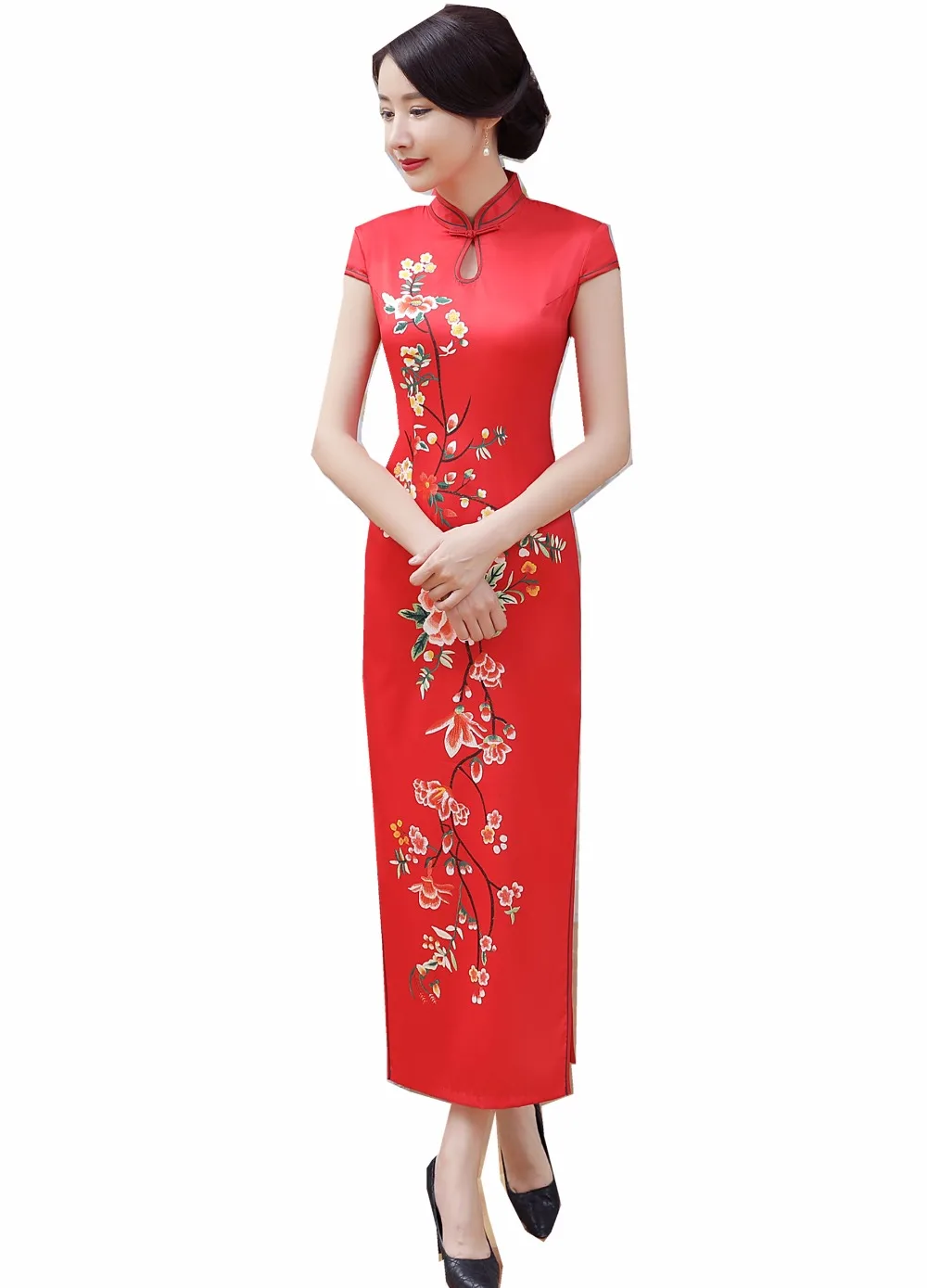 

Shanghai Story Faux Silk Keyhole Chinese traditional clothing oriental dress long Cheongsam Short Sleeve Red Qipao For Woman