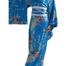 Новое поступление синий японский леди Шелковый юката традиционные кимоно хаори с Оби Винтаж с цветочным принтом праздничное платье один размер jk011