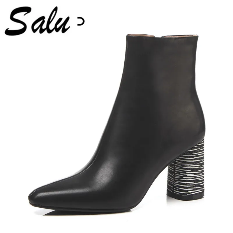 

Salu 2018 new Women Boots High Heels Patent Leather Splicing sexy ankle Boots square Heels Zip Party shoes plus size 40 41