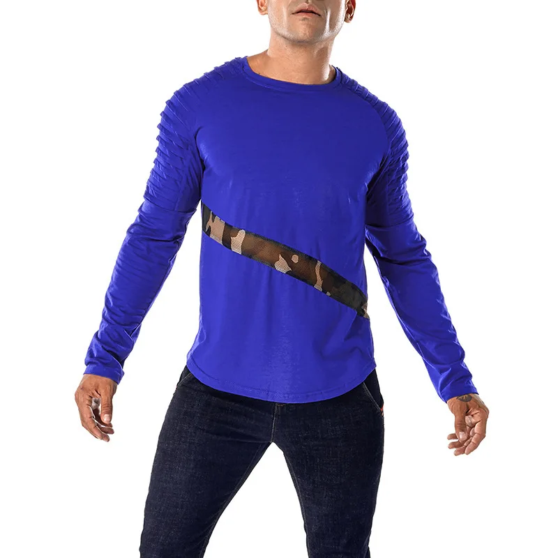 Drape Muscle Tee Blouse Tops Long Fitness Sleeve Mens T-Shirt Slim Shirt Casual