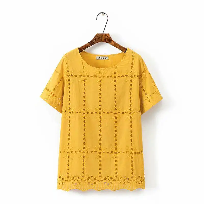 4XL размера плюс женские топы с вырезами и вышивкой, короткий рукав, летняя футболка, свободная Базовая футболка, кружевная открытая футболка для женщин - Цвет: yellow