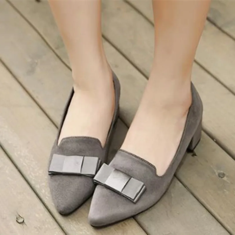 

Suede Upper Women Casual Nude Shoes Pointed Toe Slip On Footwear Bowtie Middle Chunky Heel High Heels Shoes Women Zapatos