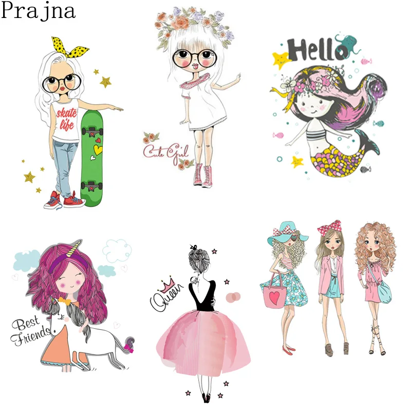 

Prajna Iron On Transfer DIY Stickers Patches For Clothes Unicorn Cartoon Girl Patch Thermal Heat Transfer Vinyl Printed Applique
