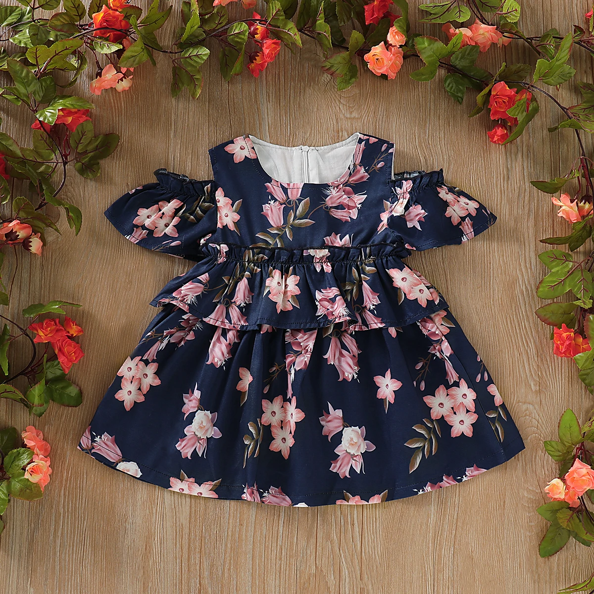 

US Newborn Baby Girls Newest Fashion Black Floral Princess Tutu Dress Off-shoulder Short Sleeve Party Pageant Dresses Sundress