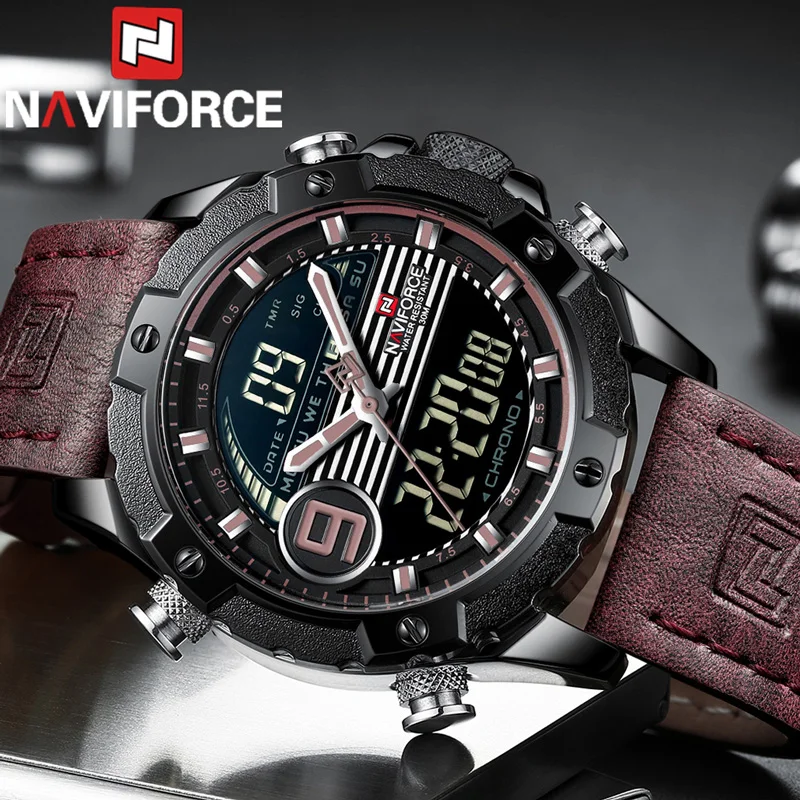 

NAVIFORCE 9146 Watch Men Top Brand Luxury Digital Analog Sport Wristwatch Military Genuine Leather Male Clock Relogio Masculino