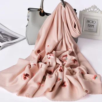 

2019 Winter 100% Wool Scarf Women Flower Embroidery Shawls Wraps Ladies Solid Pashmina Warm Soft Sheep Wool Scarves 190x65cm