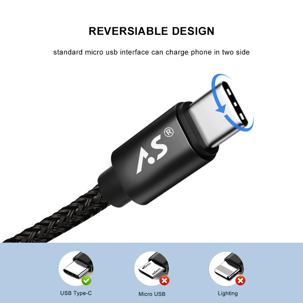 A.S 2.4A USB Type C кабель для Samsung S9 S8 One Plus 5t XiaoMi mi6 mi5 передачи данных быстрой зарядки 0 5 м 1