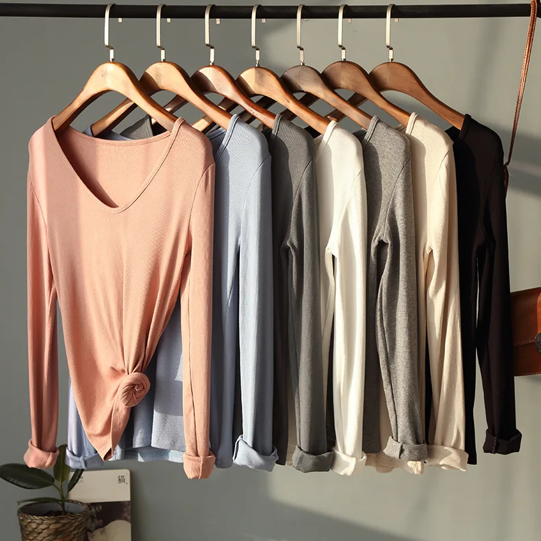 

2019 leisure pure color long sleeve t-shirts elastic temperament v neck knitted top female t-shirts multicolor joker t-shirt