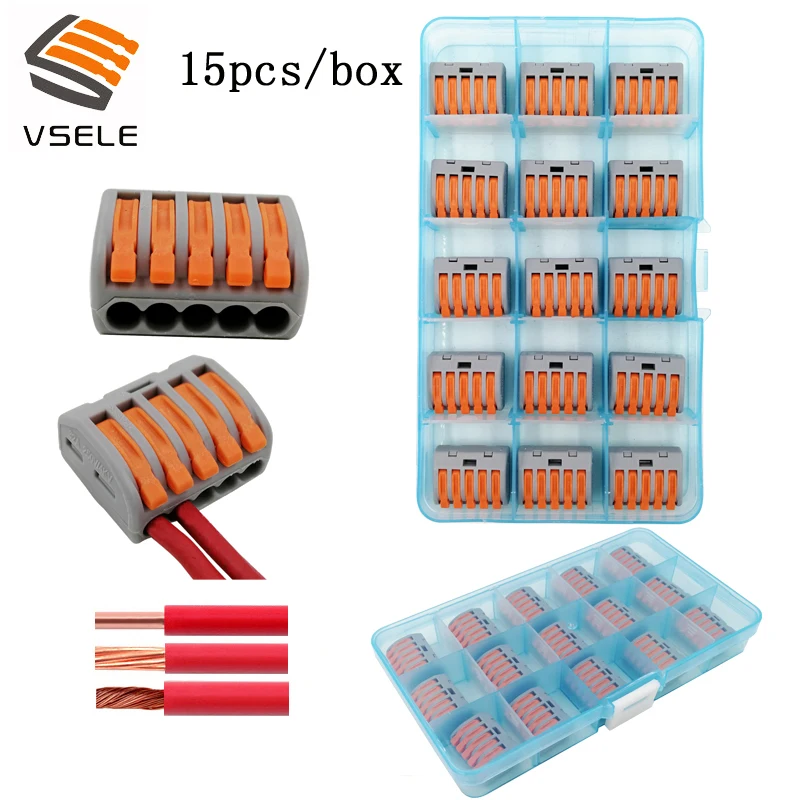 

15pcs/box VSE-415A wire connectors for fine-stranded and solid wires 5p plug type spring clamping mini 222-415 terminal block