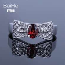 BAIHE Sterling Silver 925 0.6ct Red Flawless Oval CUT 100% Genuine Garnet Women Wedding Cute/Romantic Fine Jewelry gifts Ring