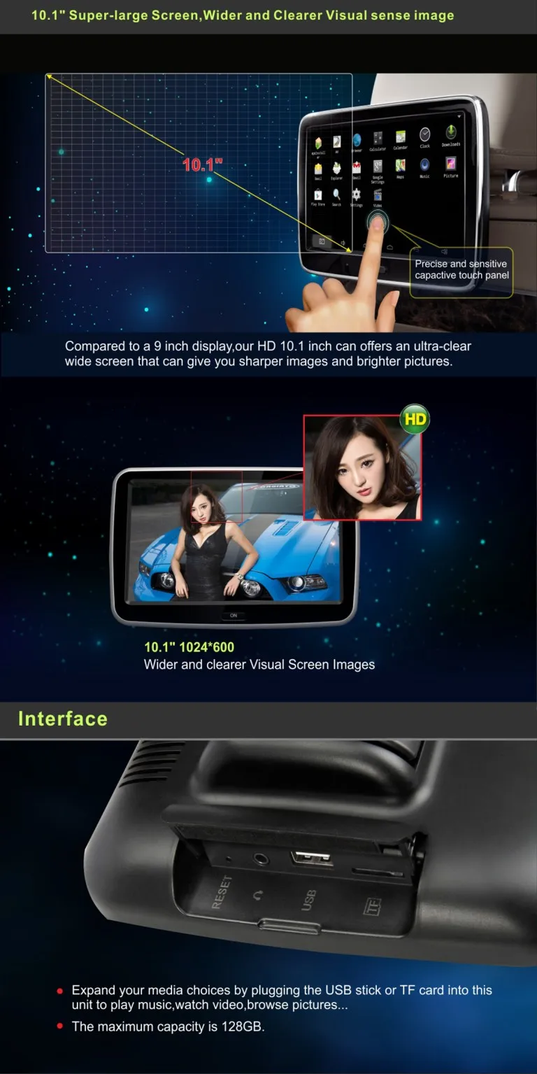 Android Car Headrest Player Screen 10.1 inch IPS HD Monitor WiFi Speaker Bluetooth FM IR transmitter Seat install (8)