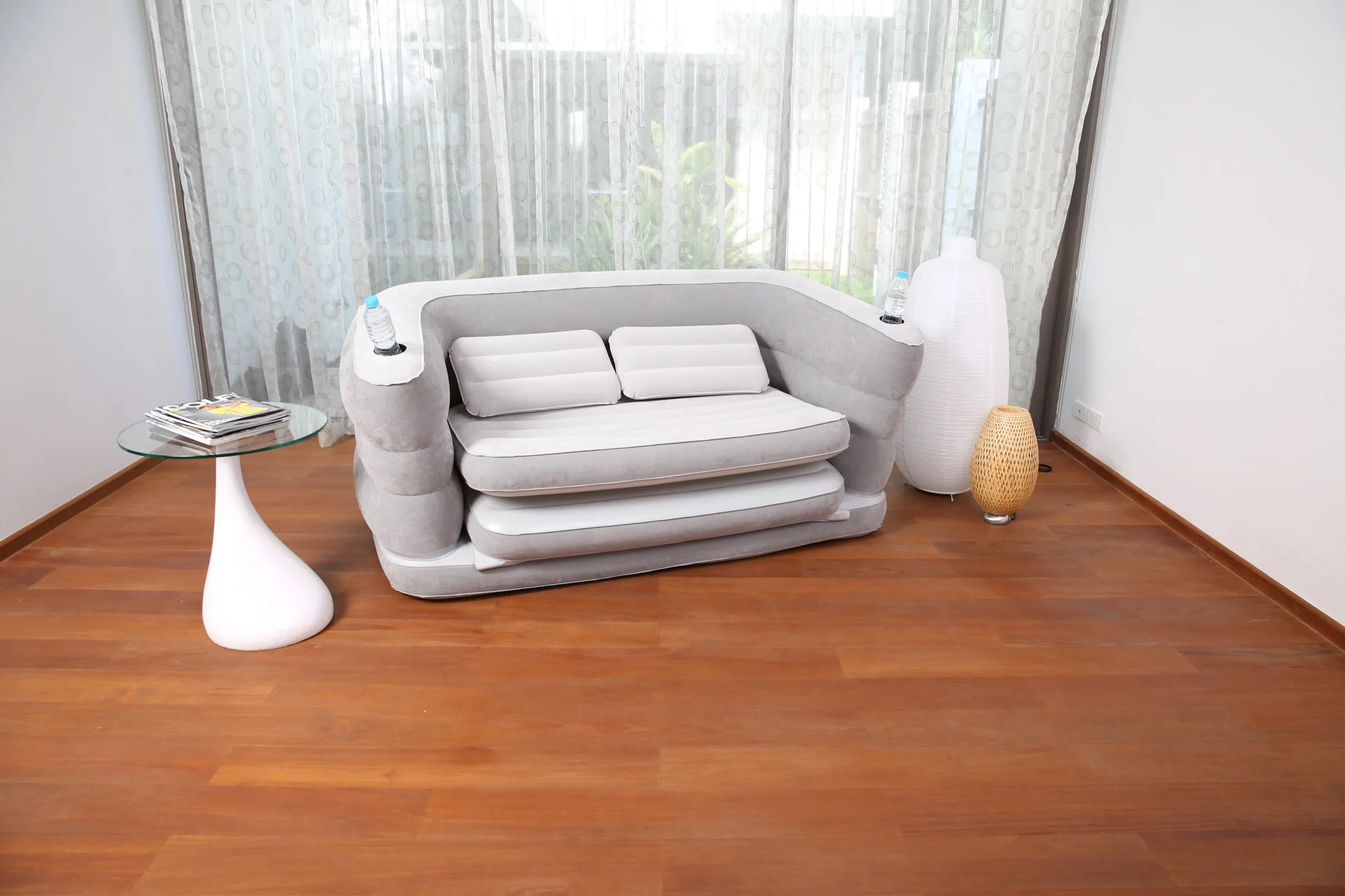 Inflatable Sofa Bed with Two Pillows& Cushion Home Flocking+PVC Sofa for Two People Indoors Lazy Inflatable Loungers