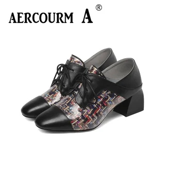 

Aercourm A 2019 Women Mixed Colors Shoes Lady Lattice Genuine Leather Shoes Square Low Heel Pumps New Spring Lace-up Brand Shoes