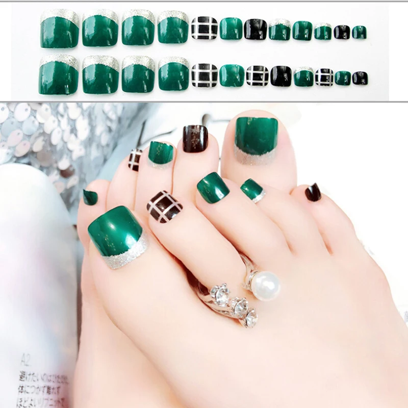 24pcs Foot Fake Nails Press On Toe False Nails Art Tips Green Fake Nails Full Wrapped Tips With 2g Glue