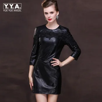 

Elegant Ladies Formal Banquet Party Crochet Lace Dress Top Brand Genuine Leather Women Slim Fit Mini Length A Line Vestidos