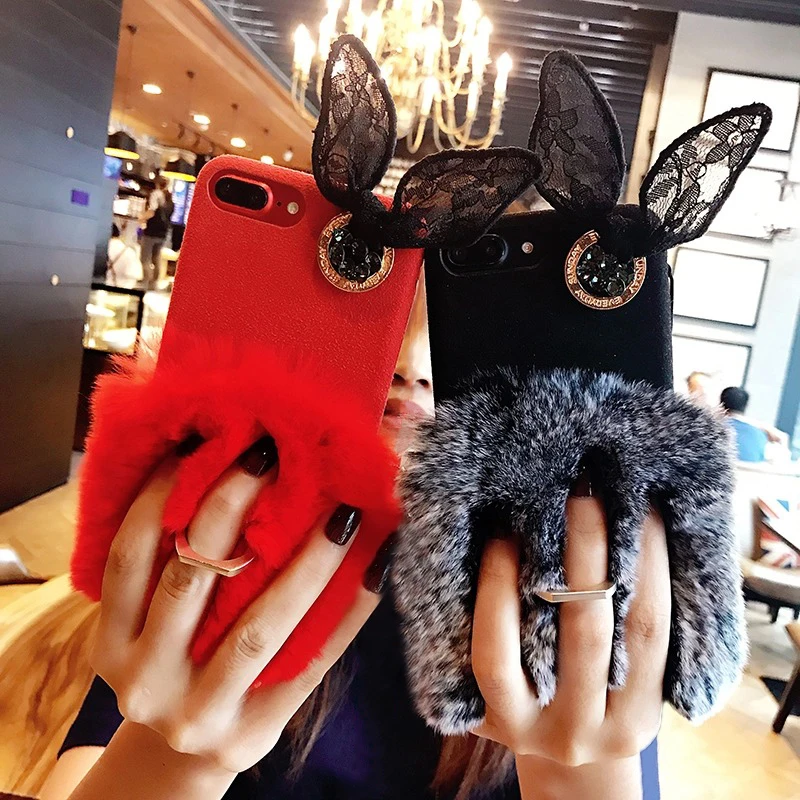 

For iPhone 11 Pro Max XR X XS 8 7 6 6S Plus Cover Lace Bunny Ear Ring Fluffy Fur Ball Case