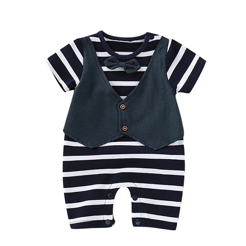 Infant Baby Boys Short Sleeve Gentleman Bow Tie Striped Print Romper Jumpsuit  (9)
