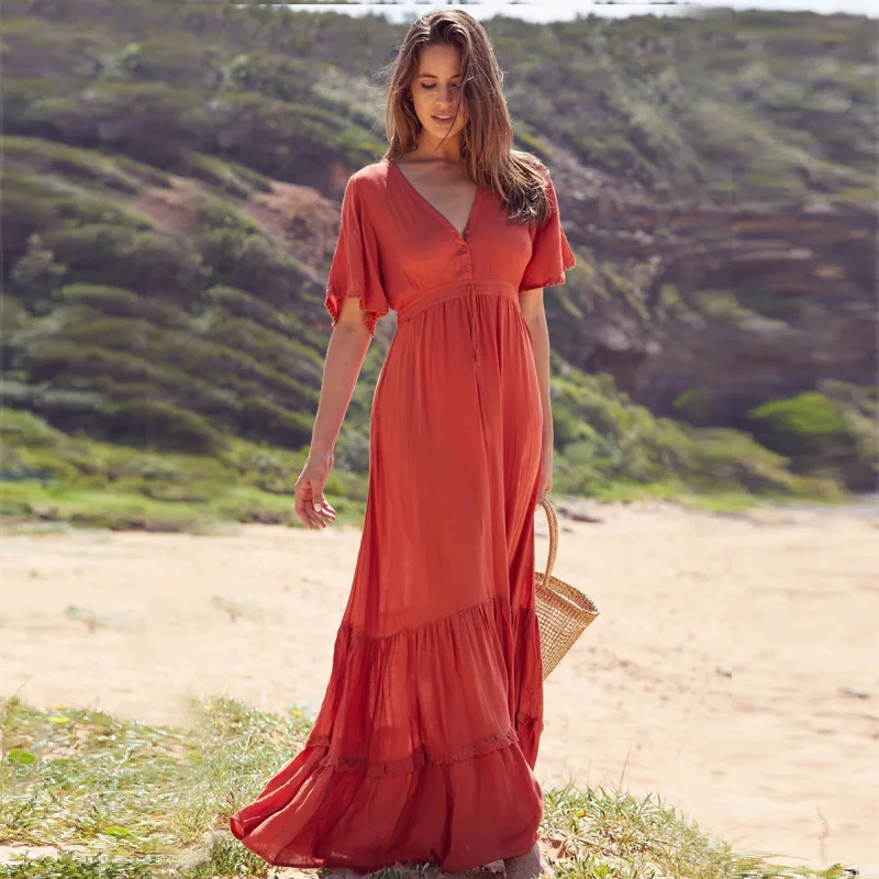 Красное хлопковое платье с рюшами в стиле бохо, Пляжное Платье Макси трапециевидной формы с v-образным вырезом, женское платье с коротким рукавом в стиле пэчворк, длинное повседневное летнее платье
