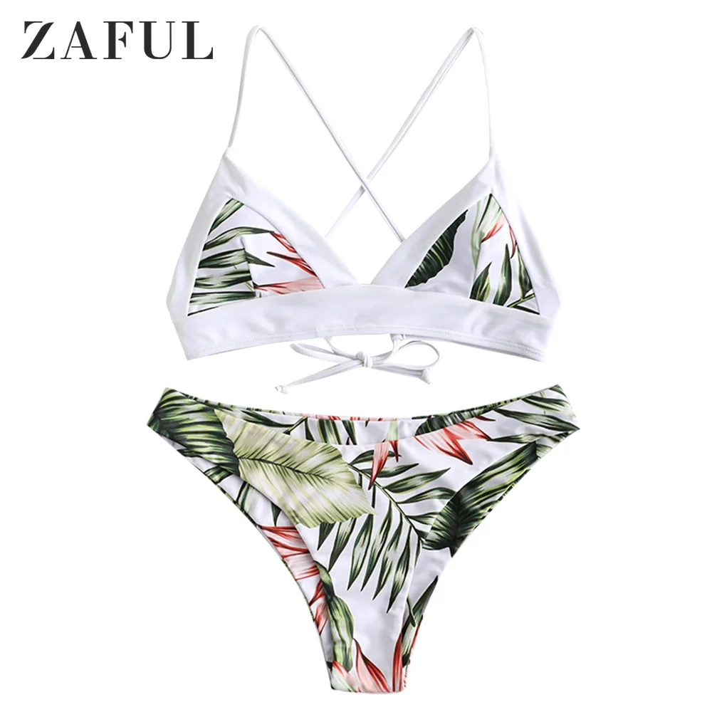 

ZAFUL Padded Bikini Cami Bikini Two Pieces Criss Cross Bikini Set Spaghetti Straps Leaf Print Bechwear Swimsuit