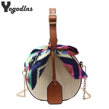 

Chic Rattan Chain Shoulder Bag Round Messenger Crossbody Bags for Women Beach Handbag Bags with Scarves Bolsa