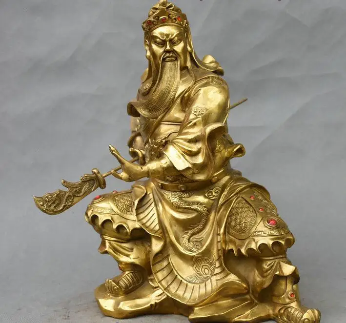14-дюймовая китайская латунная статуя Sit Stone Dragon Warrior GuanGong GuanYu меч с изображением