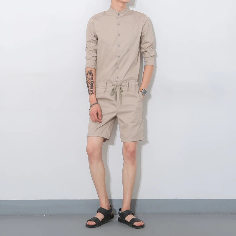 Mens Overalls Cotton Blend Stand Collar Short Sleeve Jumpsuit Romper