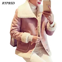 Autumn Winter 2018 Warm Thick Pink Gray Bomber Suede Leather Jacket Women Short Lambs Wool Fleece